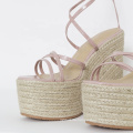 2020 hot sell RAFFIA and customized logo super high wedge sandals for women